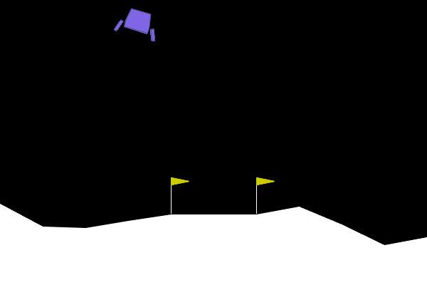 A LunarLander spacecraft controlled by hand-written rules uses its thrusters to descend and settle between two flags.