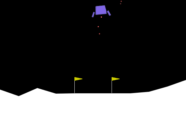 A LunarLander spacecraft controlled by a reinforcement-learning-trained neural network uses its thrusters to descend and settle between two flags.